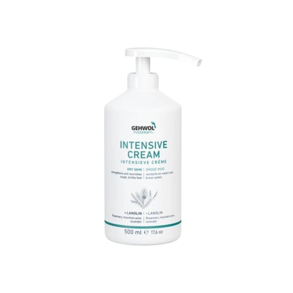 Gehwol Fusskraft Intensive Cream 500ml pump bottle with lanolin, rosemary, mountain pine and lavender for dry feet