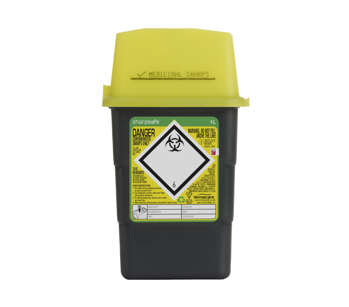 1 liter Sharpsafe grijze scherpe afvalbak met geel deksel