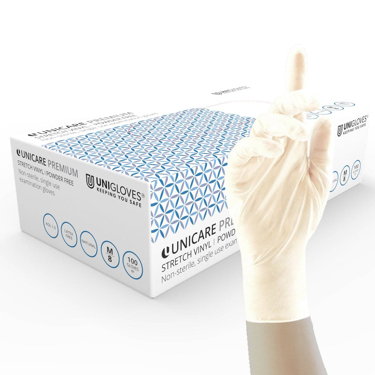 Unicare Premium Stretch Vinyl Examination Vita handskar Box med 100 st