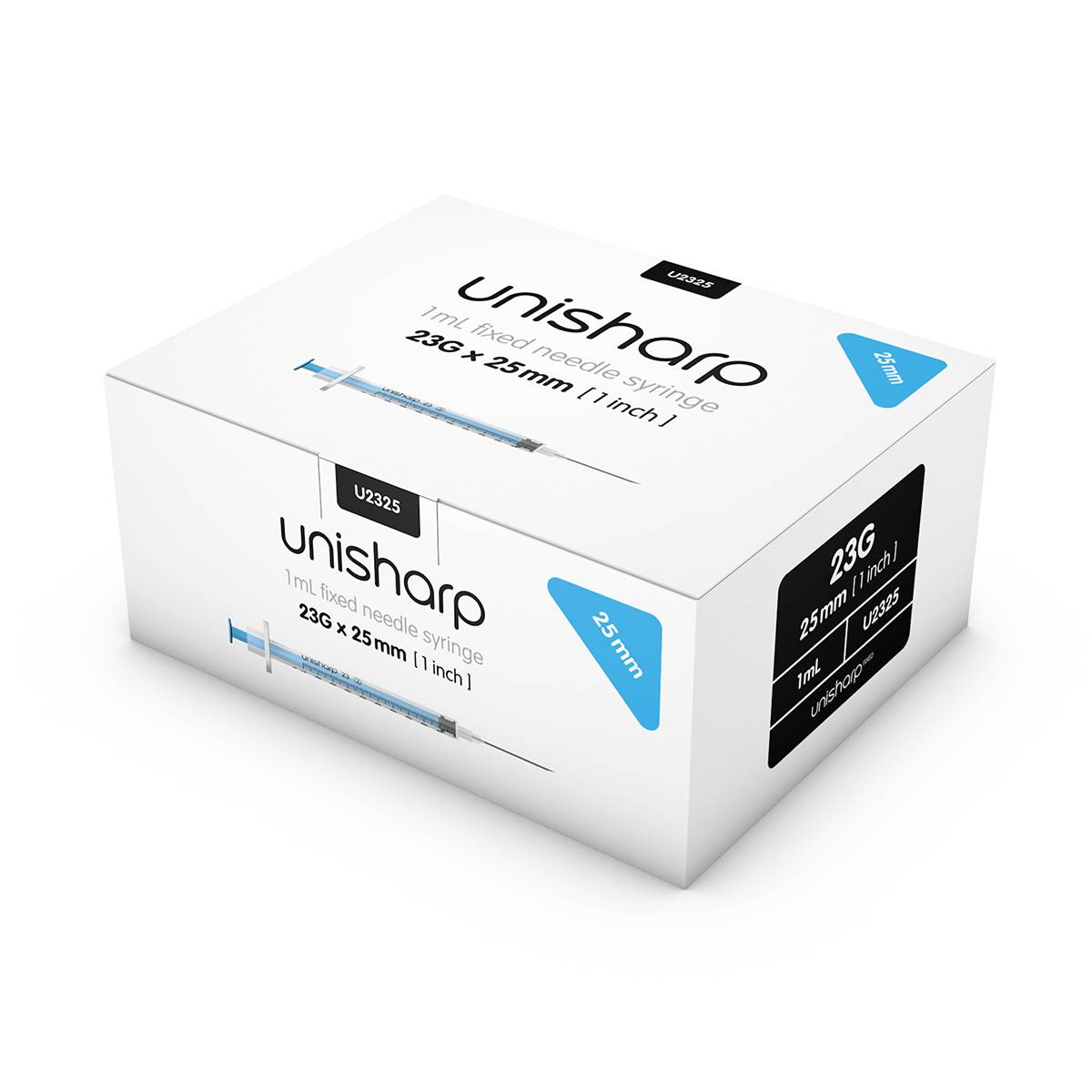 1ml 23G 25mm 1 palcová stříkačka Unisharp s modrou jehlou u100