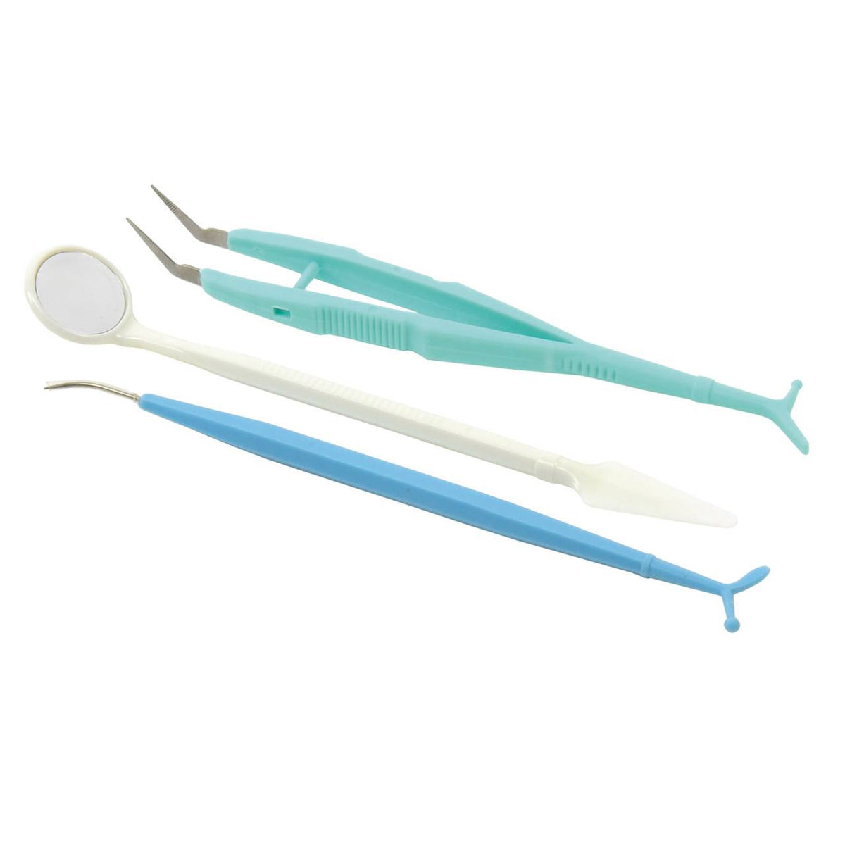 Dental examination kit with mirror, tweezers and scaler tool for oral hygiene