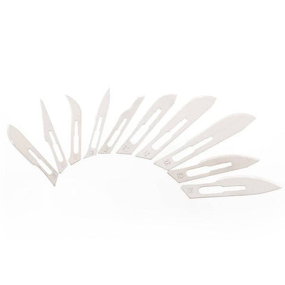 Set of stainless steel surgical scalpel blades in assorted sizes displayed in arc