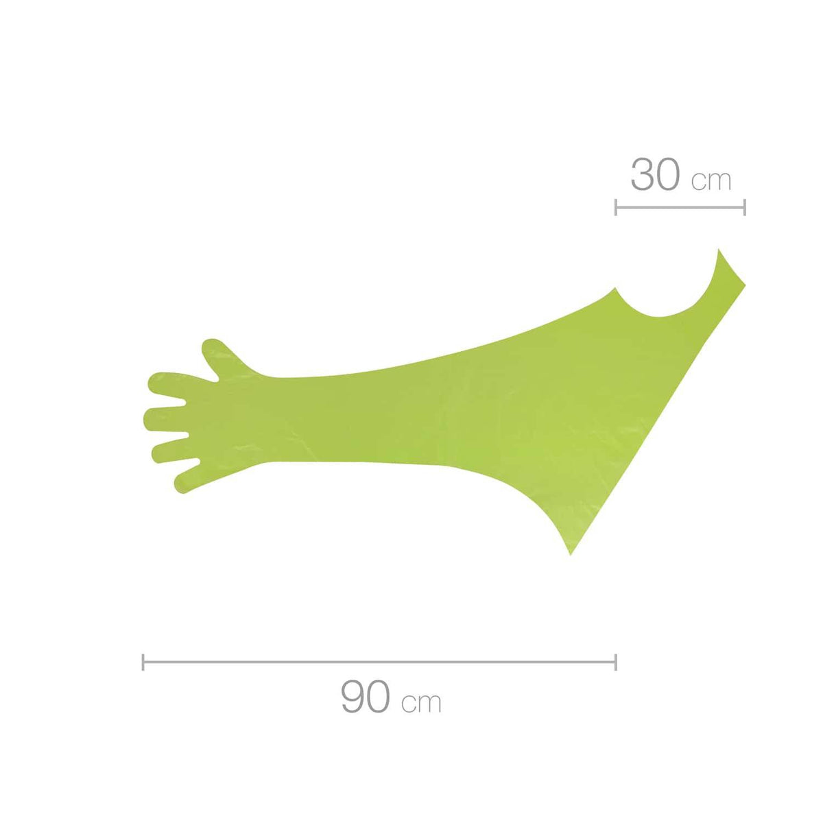 Disposable green veterinary shoulder glove, 90cm long and 30cm wide, flat view