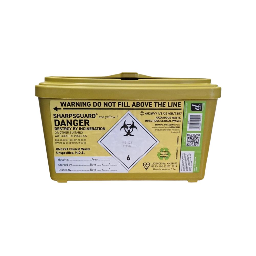 Gelbe 1-Liter-Sharpguard-Behälter für scharfe Gegenstände