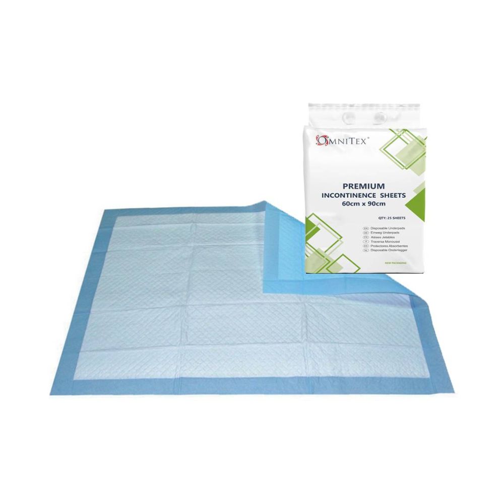 Lenzuola monouso premium per incontinenza da letto Omnitex 60 x 90 cm, confezione da 25