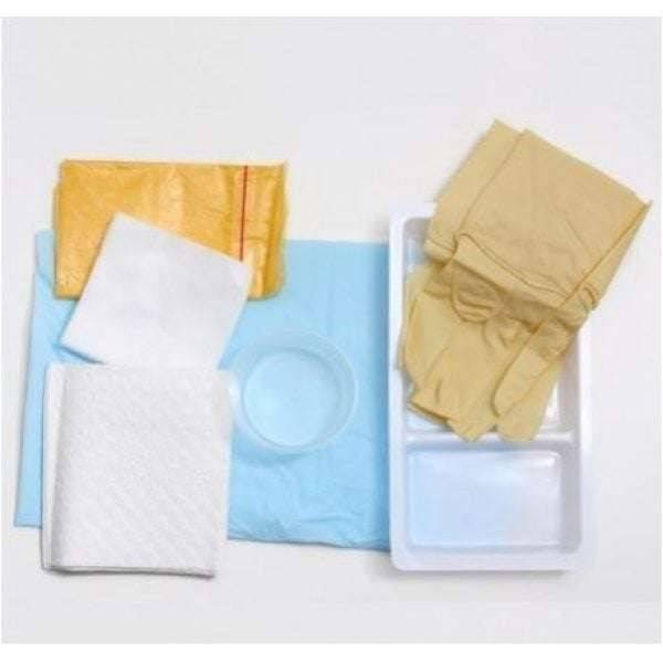 Sterile wound care dressing pack with gloves, tray, swabs, drape and waste bag