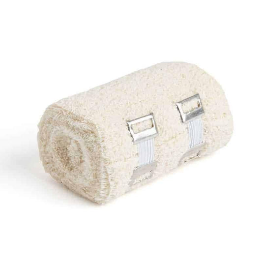 Elastic crepe bandage roll with metal clips for compression and support