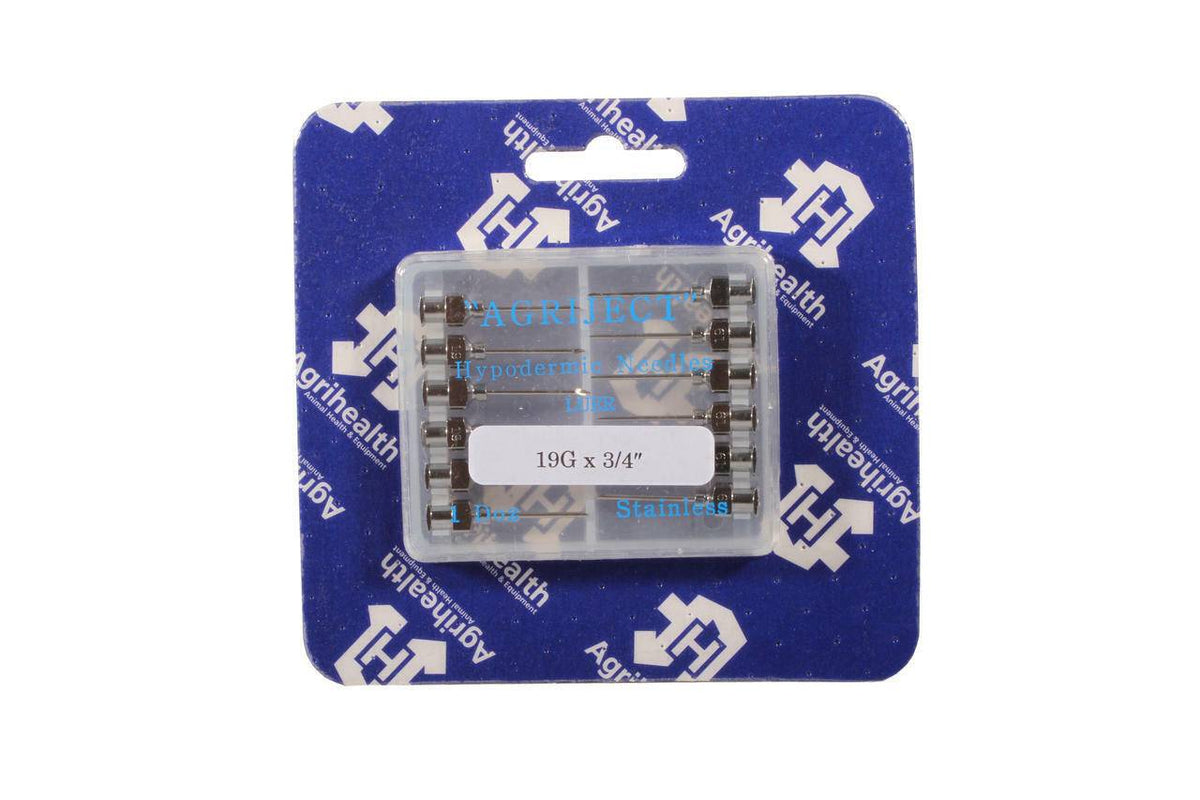 Pack of stainless steel hypodermic needles 19G x 3/4 inch in clear case on Agrihealth backing card