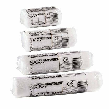 Steroplast Steroply conforming bandages in assorted sizes, individually wrapped in sterile packaging