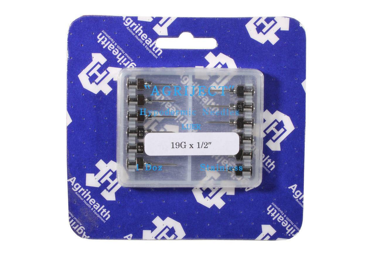 Pack of stainless steel hypodermic needles 19G x 1/2 inch in clear case with Agrihealth backing card