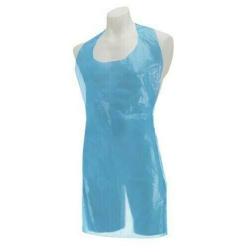 Disposable blue plastic apron for medical, veterinary, and hygiene use