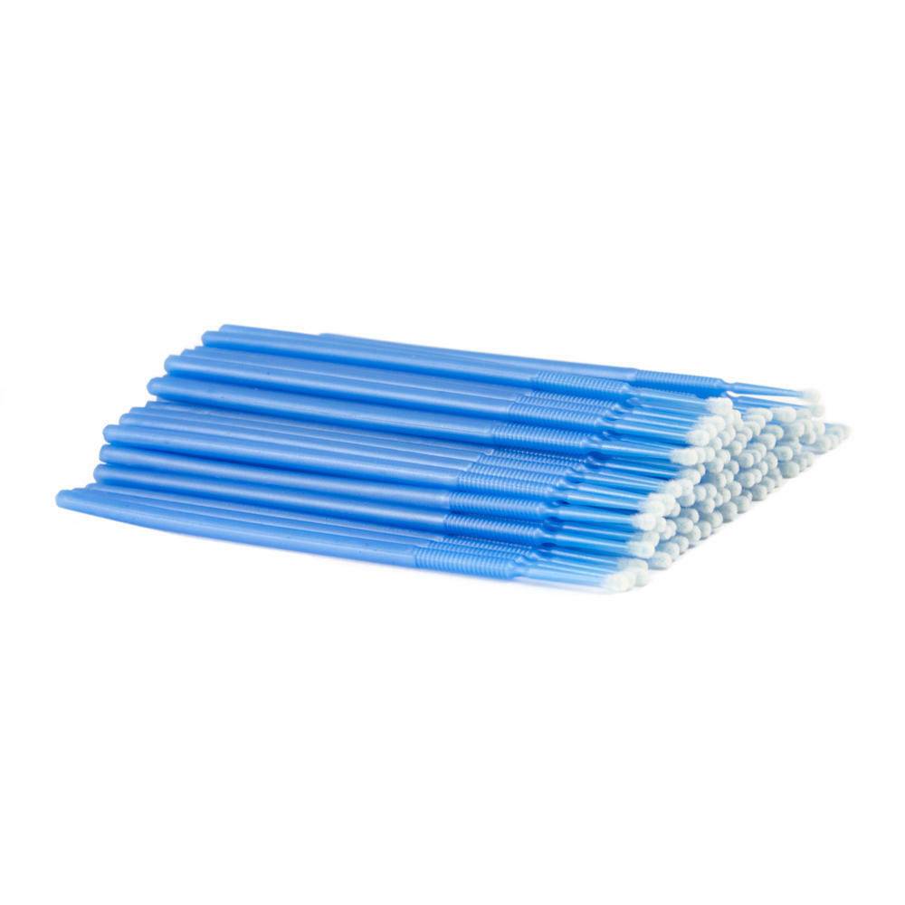 Pack of blue disposable micro applicator brushes with fine cotton tips for medical and dental use