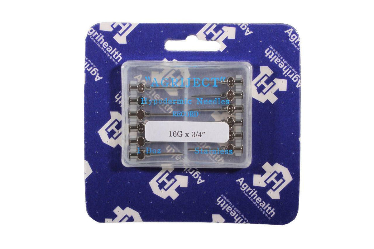 A pack of 18g 3/4 inch Agriject Luer Fit Needles, packaged in a clear plastic case with a blue background, labeled for agricultural use.