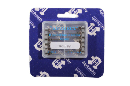 A pack of 18g 3/4 inch Agriject Luer Fit Needles, packaged in a clear plastic case with a blue background, labeled for agricultural use.