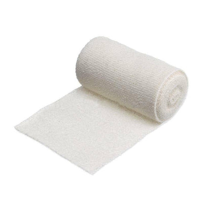 A rolled-up white soft crepe bandage on a white background.
