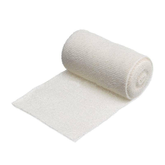 A rolled-up white soft crepe bandage on a white background.