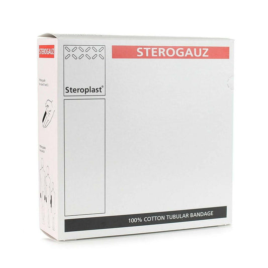 A box of Sterogauz tubular gauze bandage by Steroplast, indicating it is a 100% cotton tubular bandage