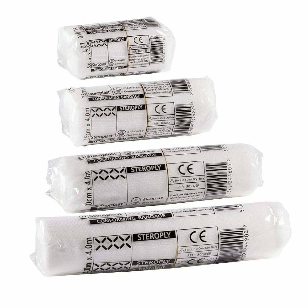 A set of Steroplast conforming bandages in various sizes, wrapped in individual packaging.