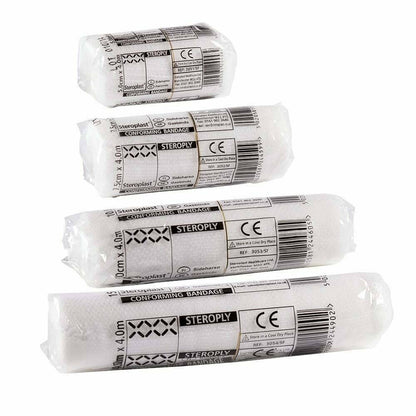 A set of Steroplast conforming bandages in various sizes, wrapped in individual packaging.