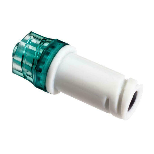 A Bionector needle-free valve, primarily white with a green band, used for veterinary purposes with luer devices.