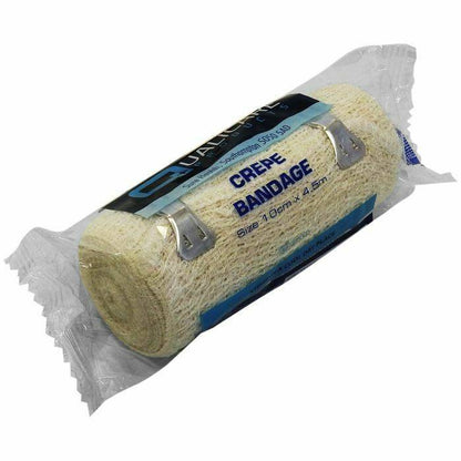 A rolled crepe bandage, 10cm x 4.5m, packaged in a clear plastic wrapper with blue and white labeling.