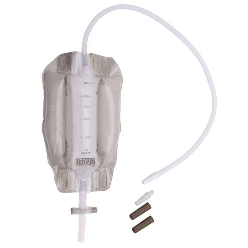 A sterile leg bag urinary collector with a measurement scale, attached tube, and non-return valve, designed for use on the thigh or calf.