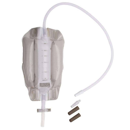 A sterile leg bag urinary collector with a measurement scale, attached tube, and non-return valve, designed for use on the thigh or calf.