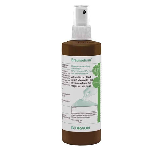 A bottle of Braunoderm skin disinfectant spray with a white label and green text, manufactured by B.Braun.