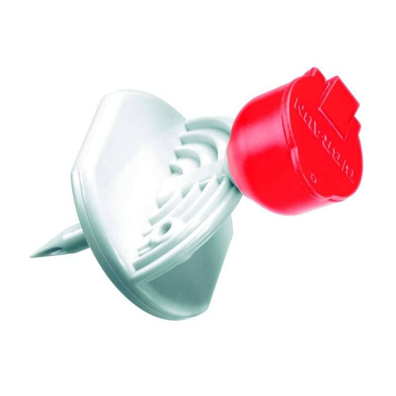 A spike device with a red snap cap designed for withdrawing and injecting cytostatics, with a white filter attached.
