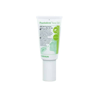 A tube of Prontoderm nasal gel by BBraun, with product information and branding visible.