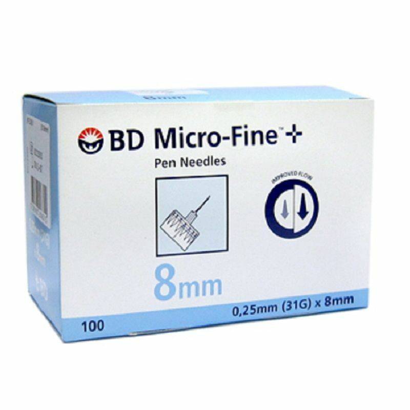 Box of BD Micro-Fine+ pen needles, 8mm length, with a pack quantity of 100, indicated for use with pens.