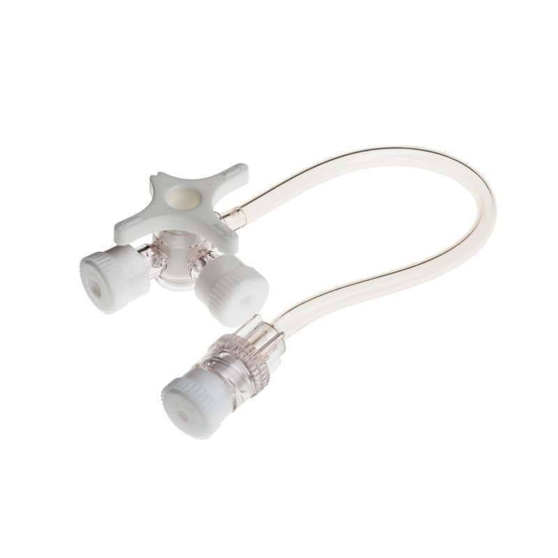 A BD Connecta 3-way stopcock with a 25cm extension line, predominantly white in color, used for infusion therapy and pressure measurement.