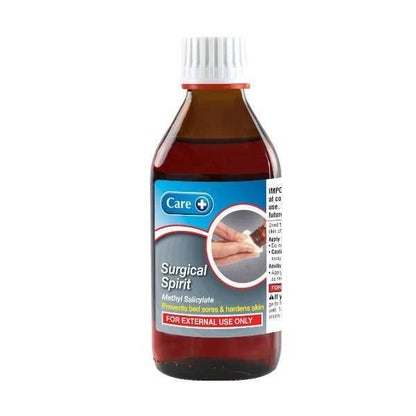 A bottle of Care Surgical Spirit, a medical skin antiseptic, with a label showing information and usage instructions.