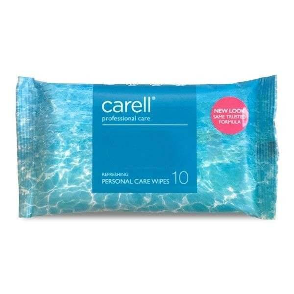 A pack of Carell refreshing patient wipes, containing 10 wipes, with a blue water-like pattern on the packaging.
