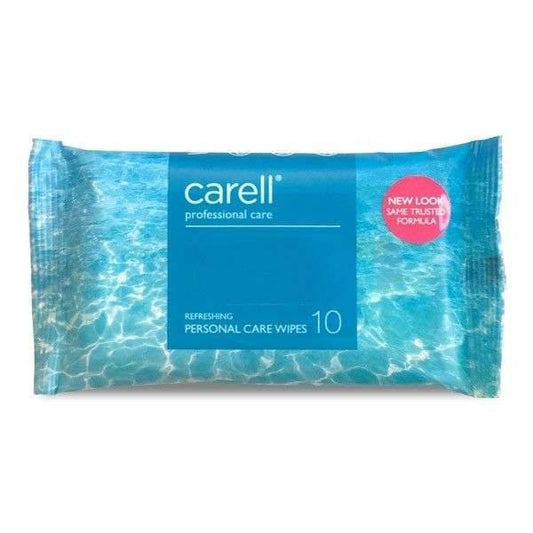 A pack of Carell refreshing patient wipes, containing 10 wipes, with a blue water-like pattern on the packaging.