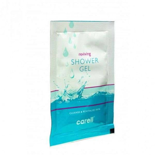A sachet of Carell shower gel with a splash graphic and text indicating it is a refreshing shower gel.