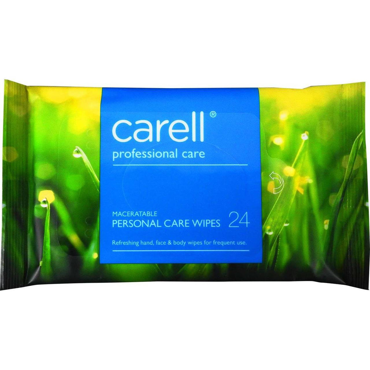 Packaging of Clinell Patient Hands & Face Maceratable Wipes with a green and blue design, indicating it is a product for professional care.