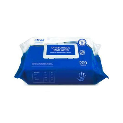 Clinell Antibacterial Hand Wipes in a blue plastic pack with a white label that displays 'Antimicrobial hand wipes' and the number '200'.