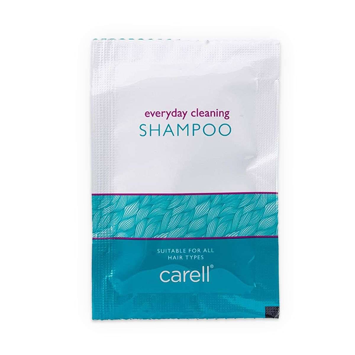 A sachet of Clinell everyday cleaning shampoo, with packaging indicating it's suitable for all hair types and the brand 'carell'.