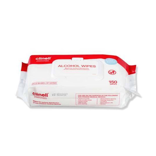 Clinell Alcohol Wipes in a white plastic packet with red and blue branding, containing 150 wipes.