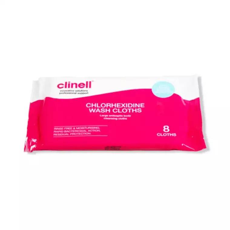 Clinell Chlorhexidine Wash Cloths in a pink and white packaging, indicating 8 individual cloths are included.