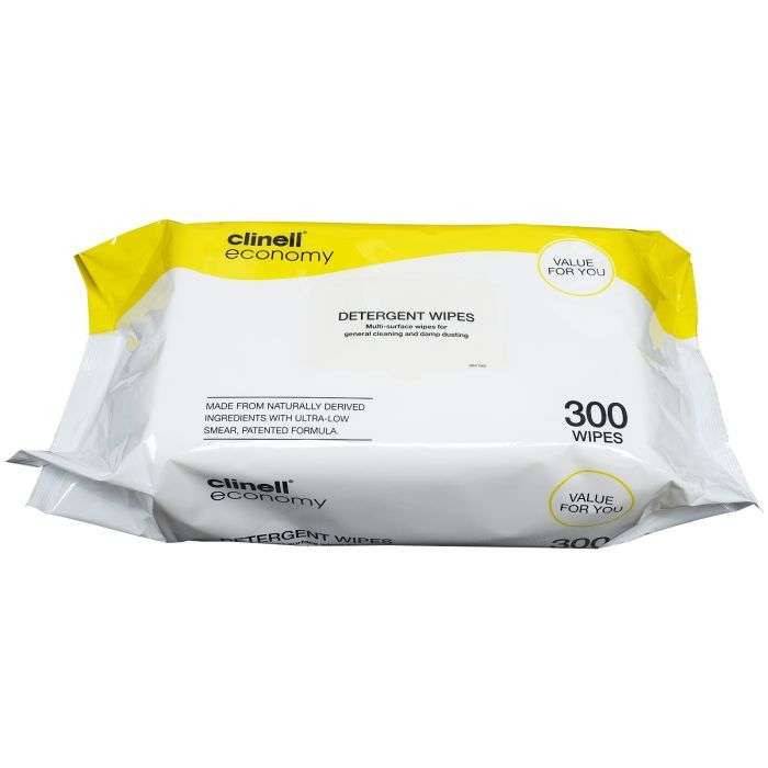 Clinell detergent wipes in a white plastic packet with a yellow lid, labeled with the product name and the number of wipes, 300.