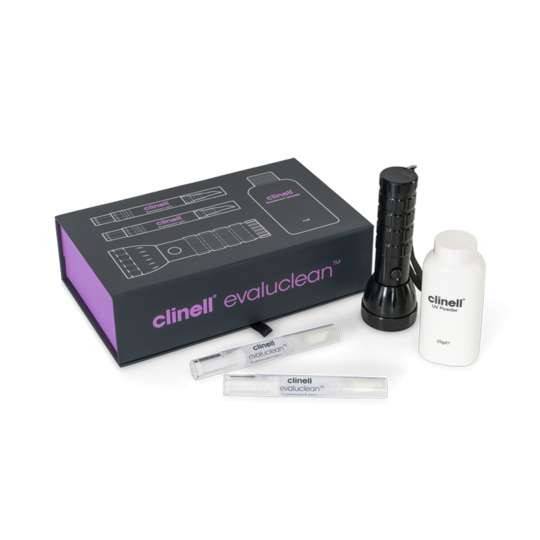 Clinell EvaluClean UV Torch Kit packaging with contents displayed including a black UV torch, white fluorescent powder, a box, and a user manual.