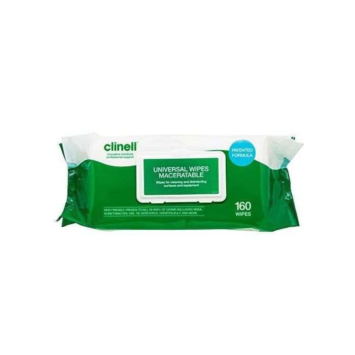 Clinell Universal Maceratable Wipes in a green and white packaging, containing 160 wipes.