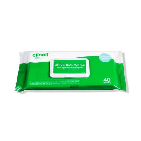 A pack of Clinell Universal Wipes with a green and white color scheme, labeled as having 40 wipes.