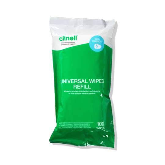 Clinell Universal Wipes Tub Refill packaging, predominantly green and white with text and branding.
