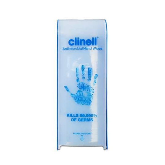 Clinell wall mounted hand wipe dispenser with a clear plastic cover displaying the product information.