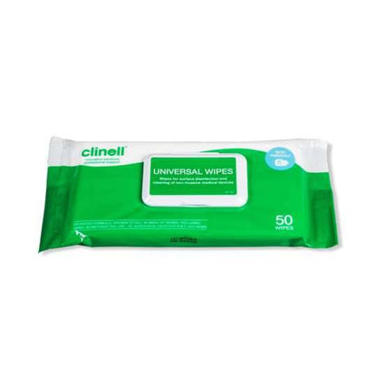 A pack of Clinell Universal Wipes with a green and white color scheme, labeled as containing 50 wipes.