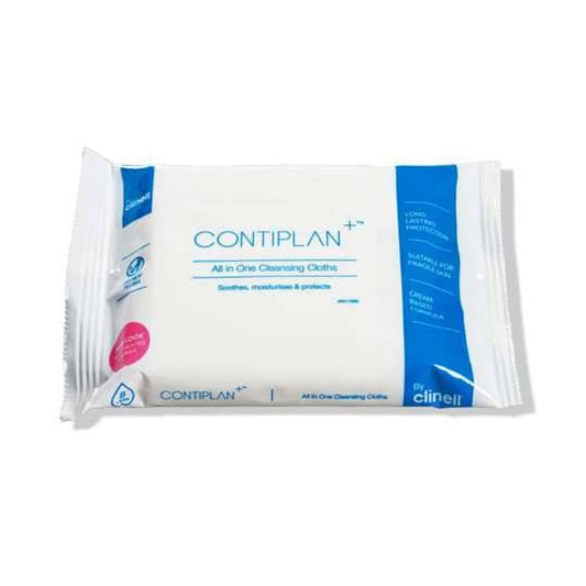 Packaging of Contiplan All In One Cleansing Cloths. The packaging is predominantly white with blue accents and features the product name and branding.