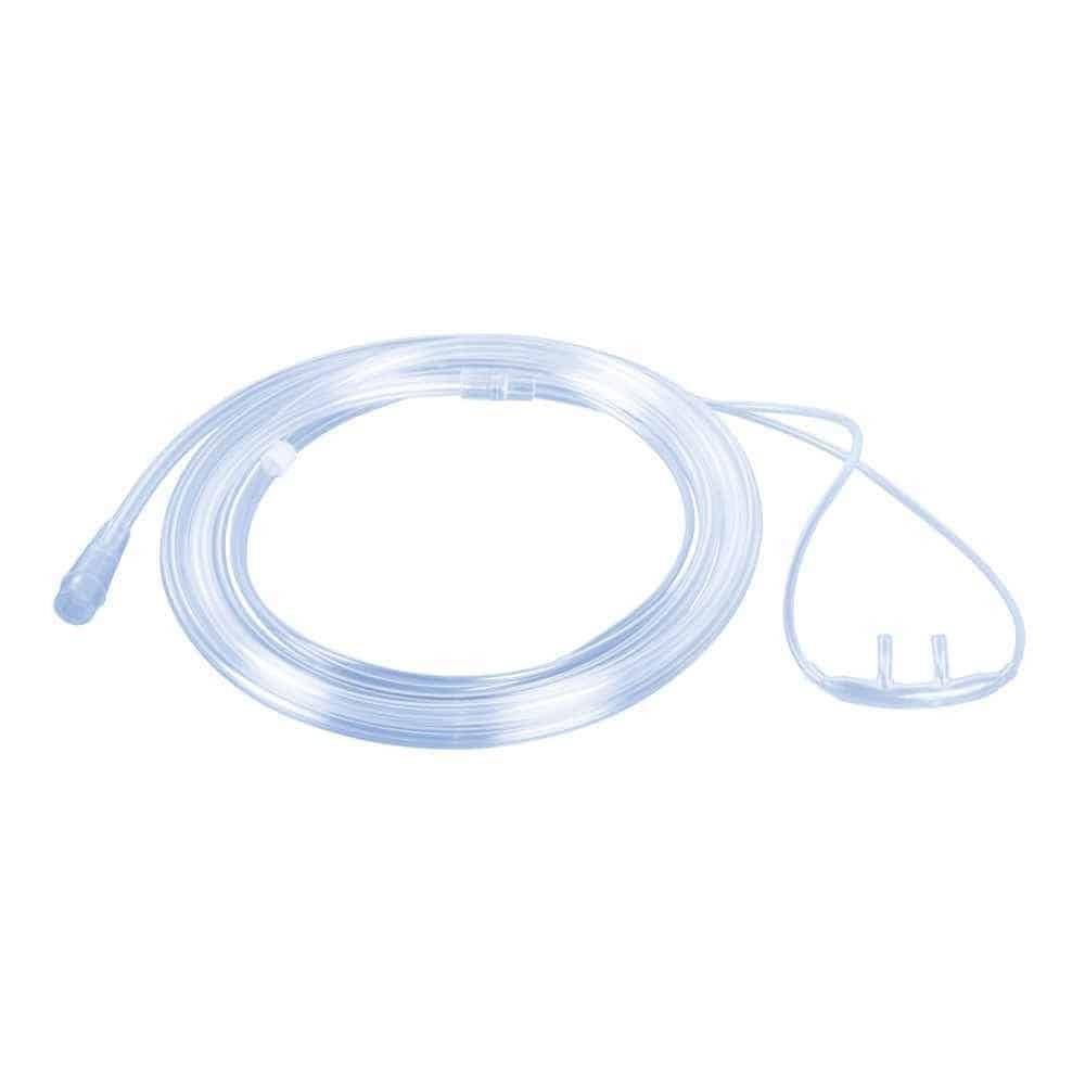 A 210cm clear nasal cannula with a curved tip designed for adult use, featuring a standard connector and loops for securing under the chin.